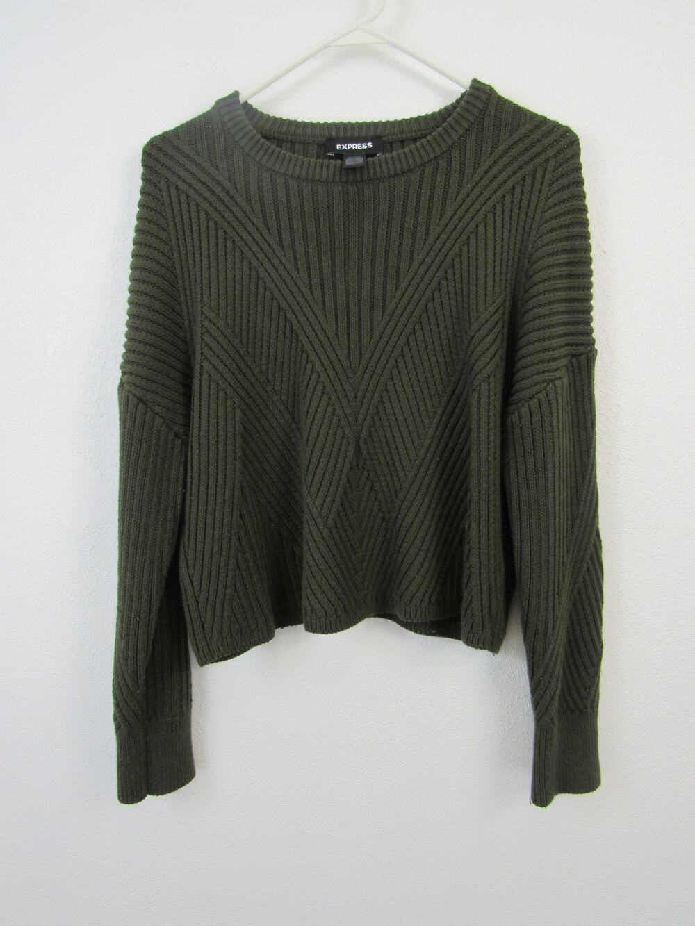 Express Small Green Thick Knit Sweater Rib Stitch Pullover Crewneck Sweater Wool